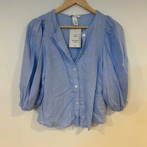 H & M Sz XS Linen Blend Light Blue Button Puff Sleeve Round Collar Preppy Shirt